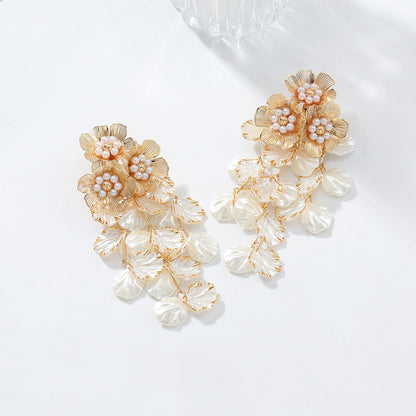 3D Floral Pearl Tassel Drop Earrings Vintage Gold Plated White Petal Wedding Statement Dangle Earrings - Gold