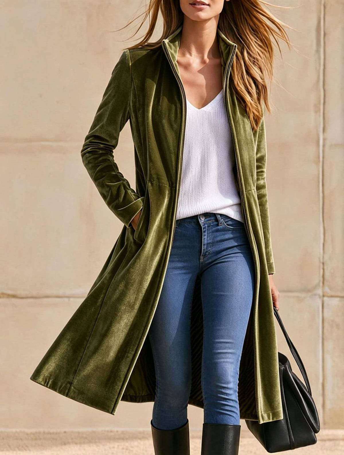 Velvet Zip-Up Longline Coat