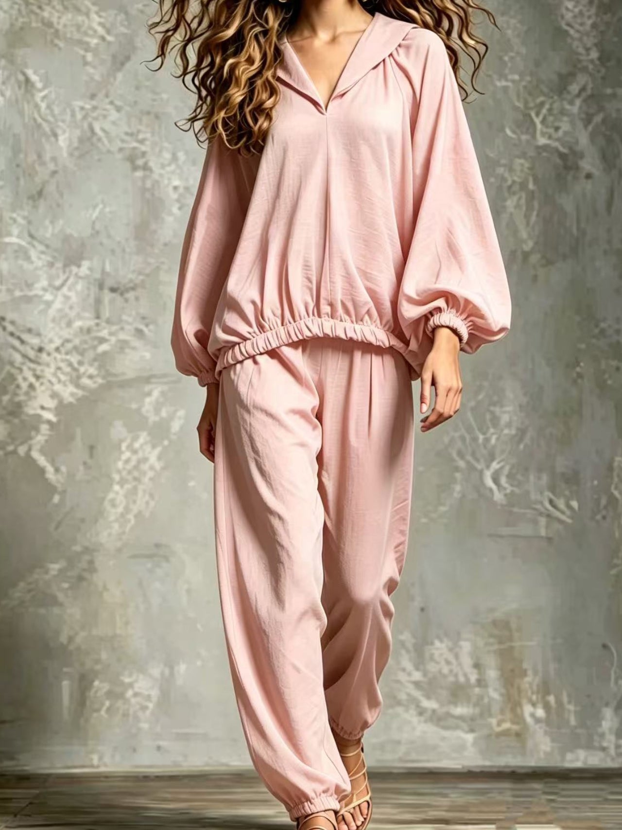 Hood V Neck Linen Blend Matching Two Piece Set