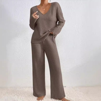 Women Solid V Neck Vertical Ribbed Knit Long Sleeve Relaxed Top Elastic Waist Wide Leg Casual Loungewear Co-ord Set