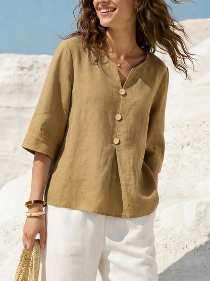Linen-Blend Button-Front Top – Soft Textured 3/4 Sleeve Blouse