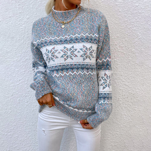 Mock Neck Snowflake Jacquard Long Sleeve Knit Sweater
