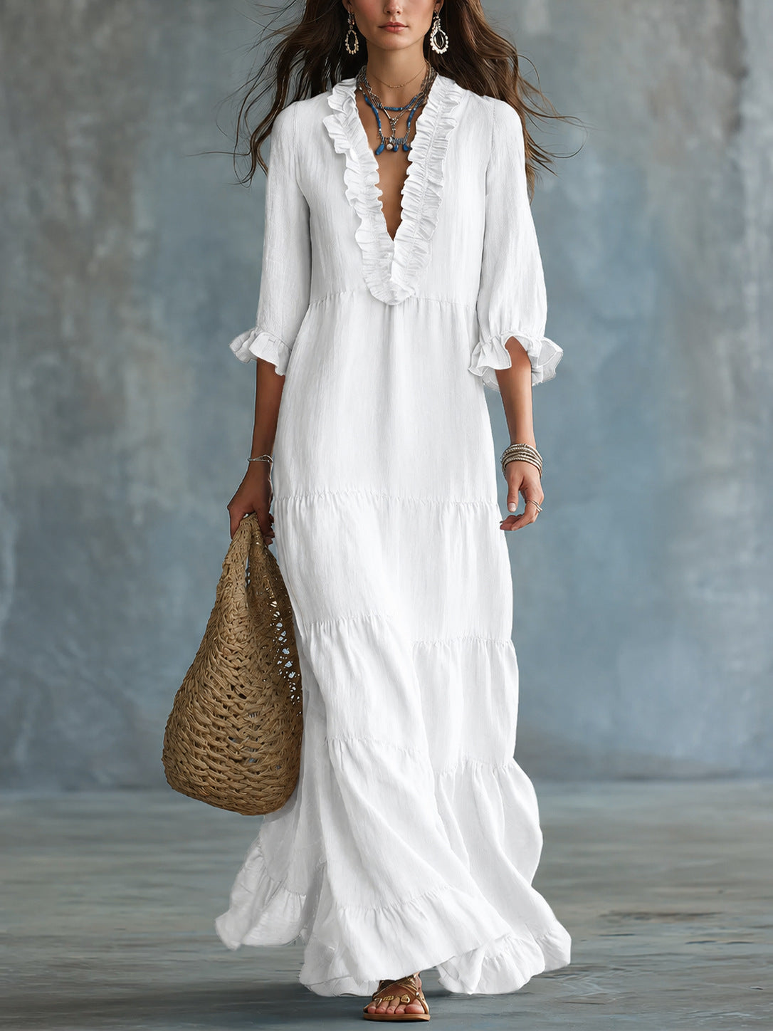 Soft Sky Blue Bohemian Ruffled Maxi Dress