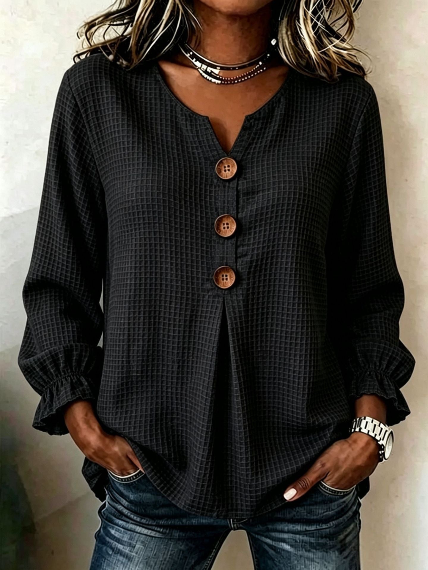 Textured Waffle Knit V-Neck Button Blouse