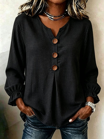 Textured Waffle Knit V-Neck Button Blouse
