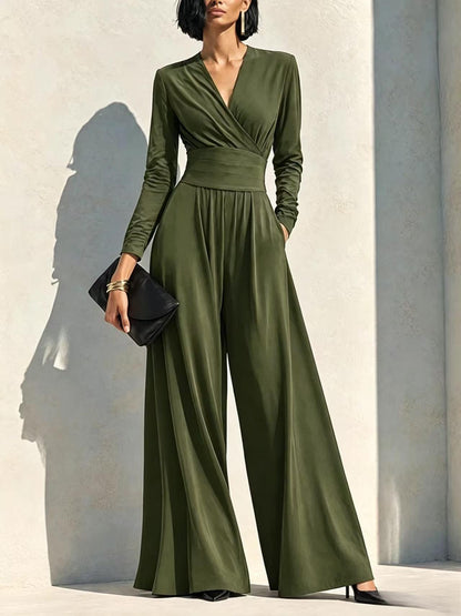 Elegant Chocolate Brown Long Sleeve Wrap Wide Leg Jumpsuit with Waist Detail