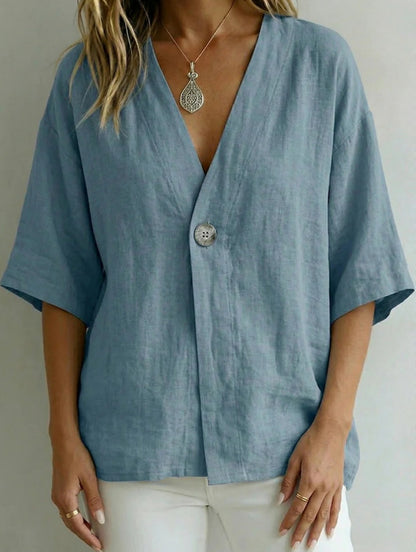Relaxed Linen V-Neck Button-Front Shirt
