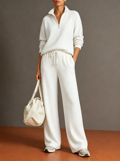 Vertical Rib Half Zip Stand Collar Two Piece Loungewear Set
