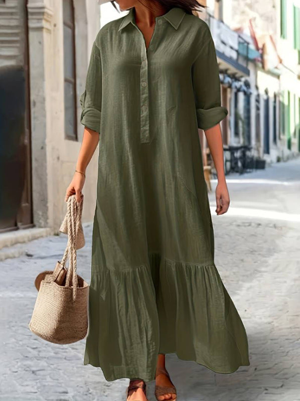 Linen Ruffle Hem Maxi Shirt Dress