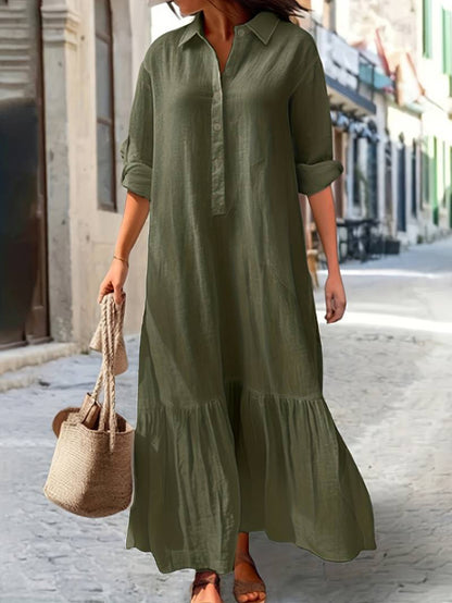 Linen Ruffle Hem Maxi Shirt Dress