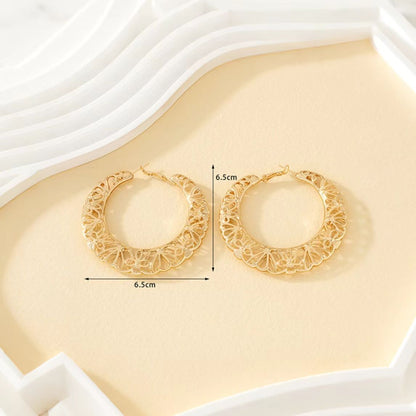 Filigree Floral Cutout Large Hoop Earrings 14K Gold Plated Vintage Hollow Hoop Earrings - Gold
