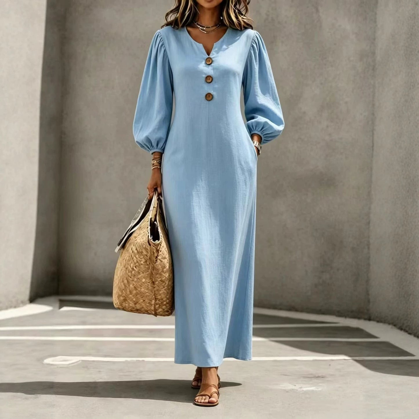 Linen Blend Notch V Neck Balloon Sleeve Maxi Dress