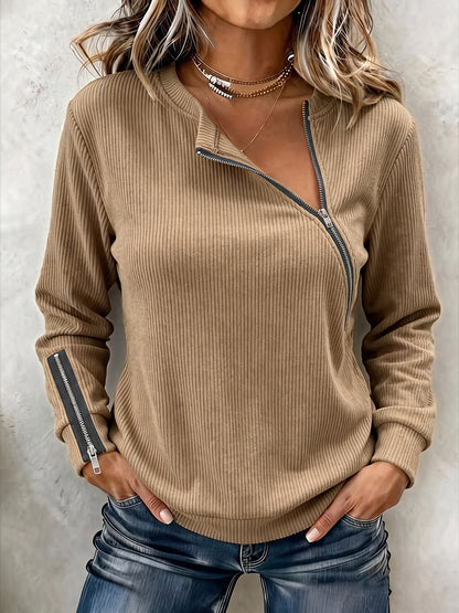 Ribbed Knit Top with Asymmetric Zip