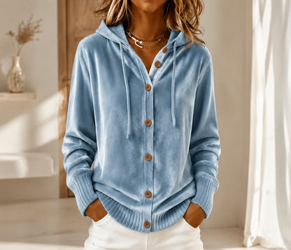 Velvet Hooded Button Front Rib Cuff Cardigan