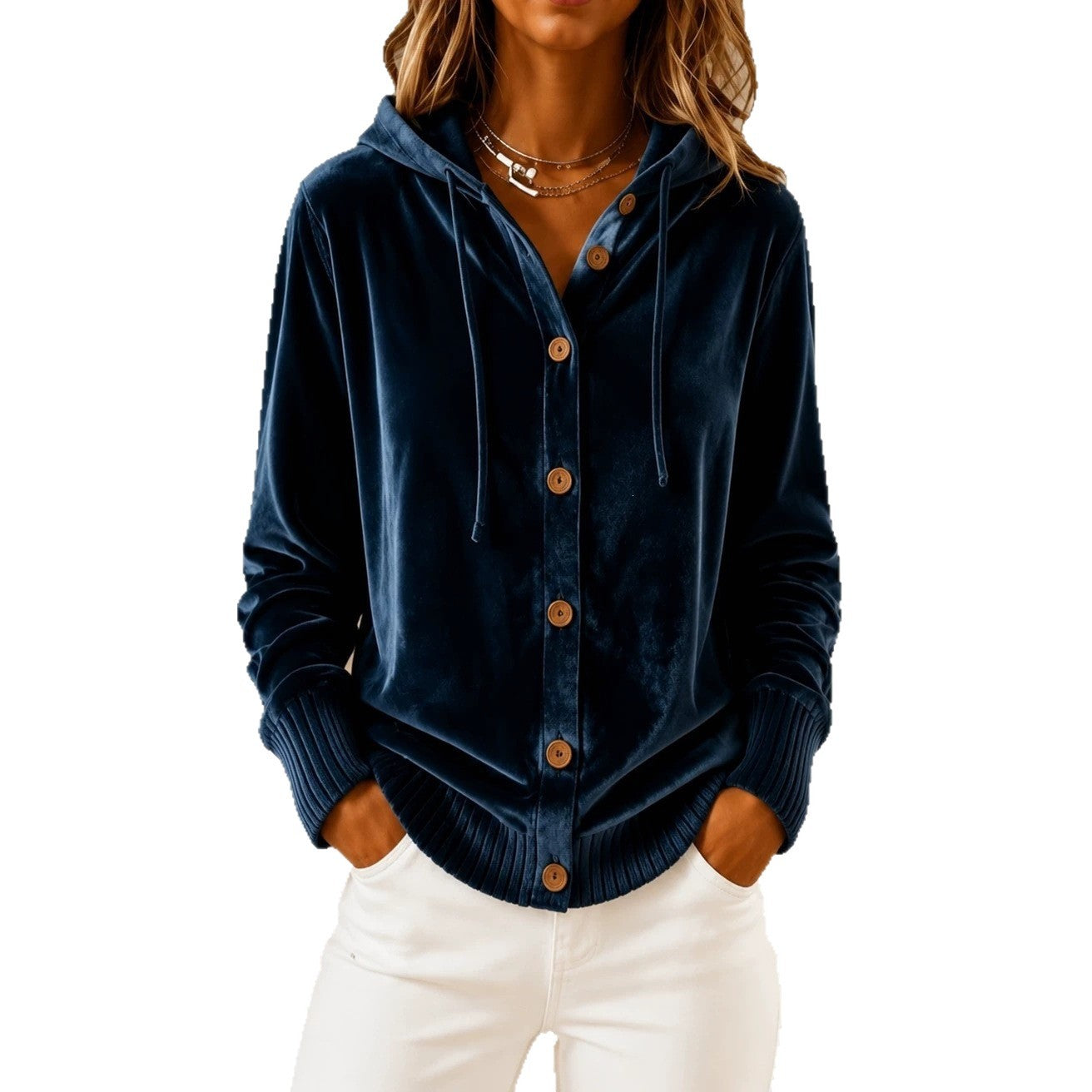 Velvet Hooded Button Front Rib Cuff Cardigan