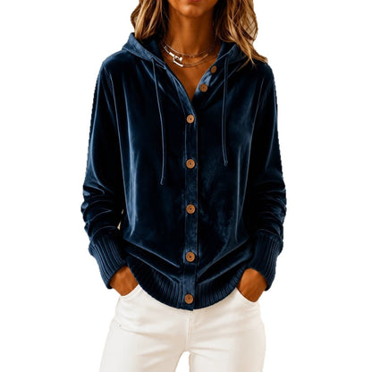 Velvet Hooded Button Front Rib Cuff Cardigan