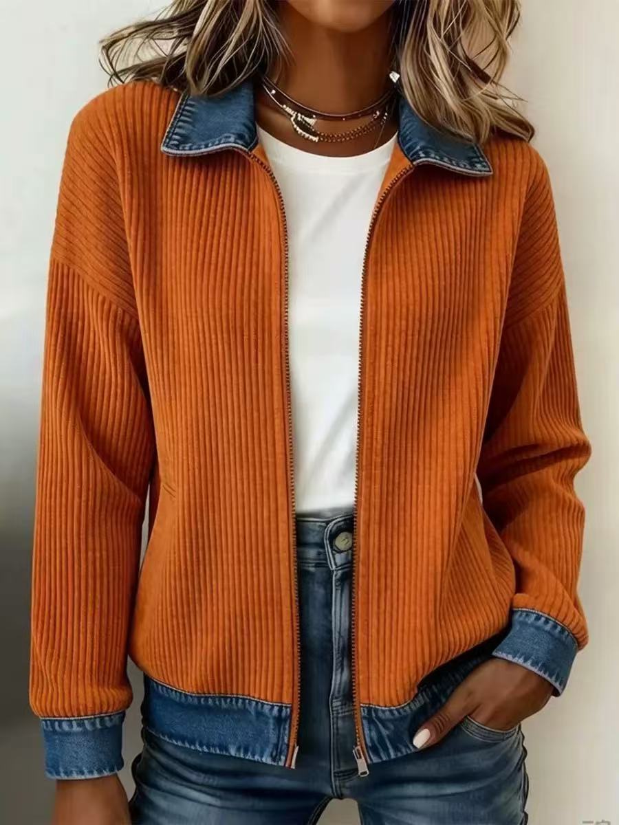 Ribbed Knit Zip Jacket with Denim Trim