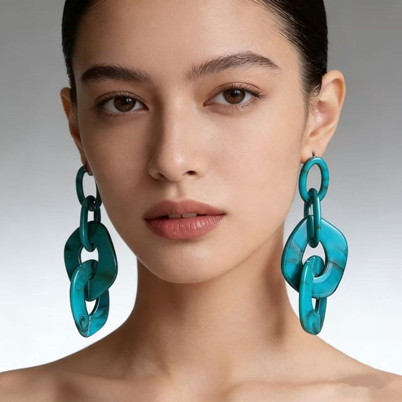 Marbled Resin Interlocked Chain Drop Earrings Oversized Chunky Link Statement Dangle Earrings - Turquoise