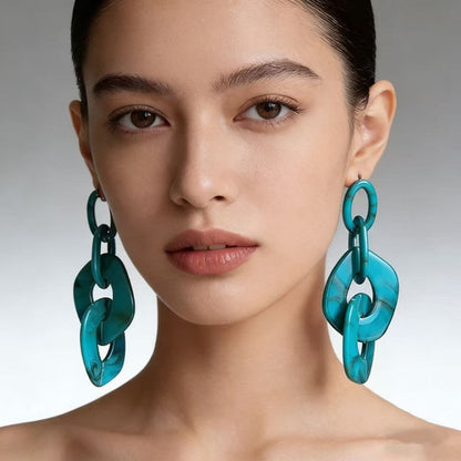 Marbled Resin Interlocked Chain Drop Earrings Oversized Chunky Link Statement Dangle Earrings - Turquoise