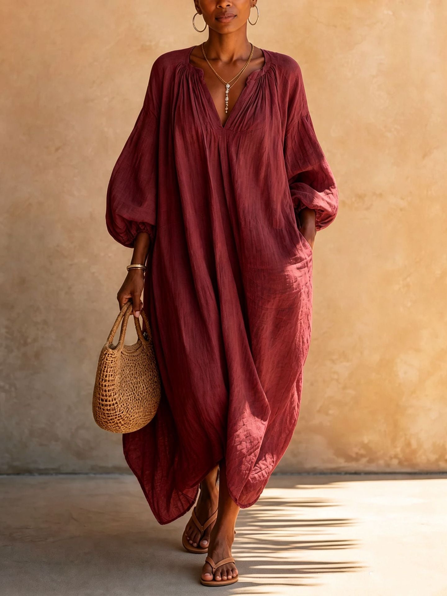 Boho Vacation Puff Sleeve Kaftan Maxi Dress