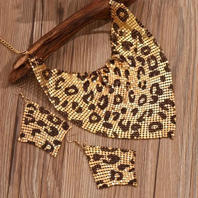 Necklace Jewelry Set Leopard Print Gold Plated Statement Earrings - Leopard print