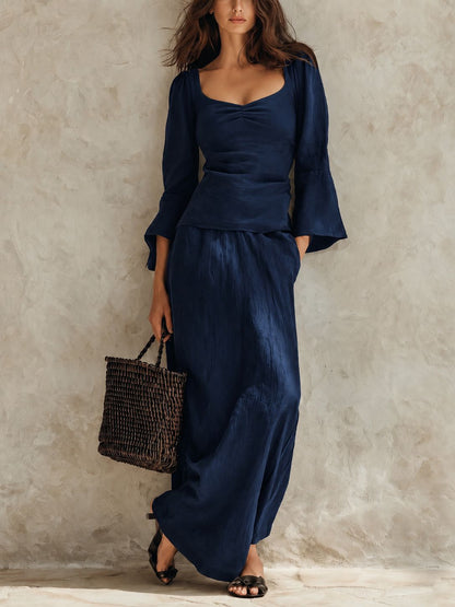 Square Neck Flare Sleeve Top & Maxi Skirt Matching Set