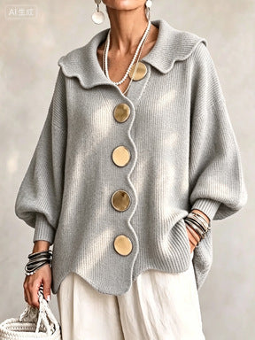 Oversized Scallop-Collar Button Knit Cardigan