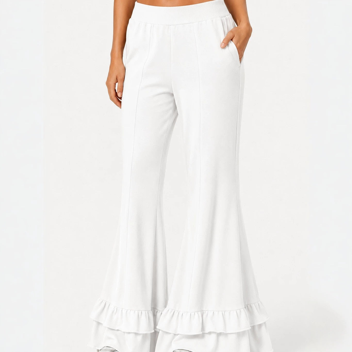 High Waist Front Seam Double Ruffle Hem Flare Knit Pants