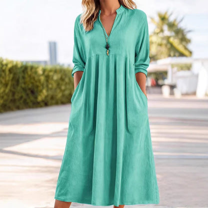 Textured Linen Blend Stand Collar V-Neck Babydoll Midi Dress