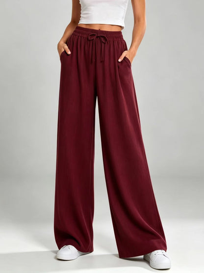 Women's Solid Drawstring Elastic Waist Wide Leg Flowy Long Pants with Pockets