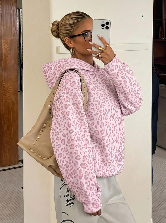 Leopard Drawstring Hooded Sweatshirt
