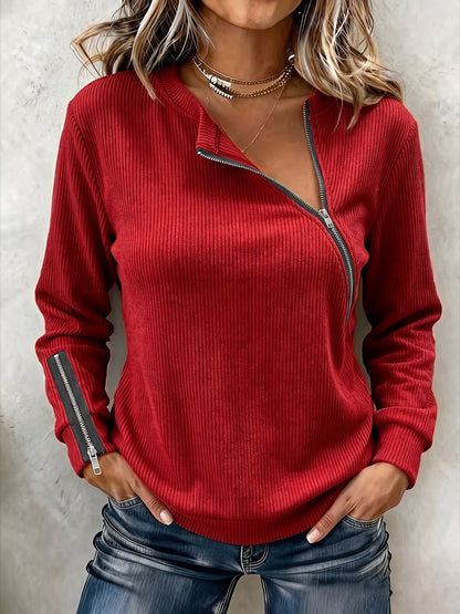 Ribbed Knit Top with Asymmetric Zip