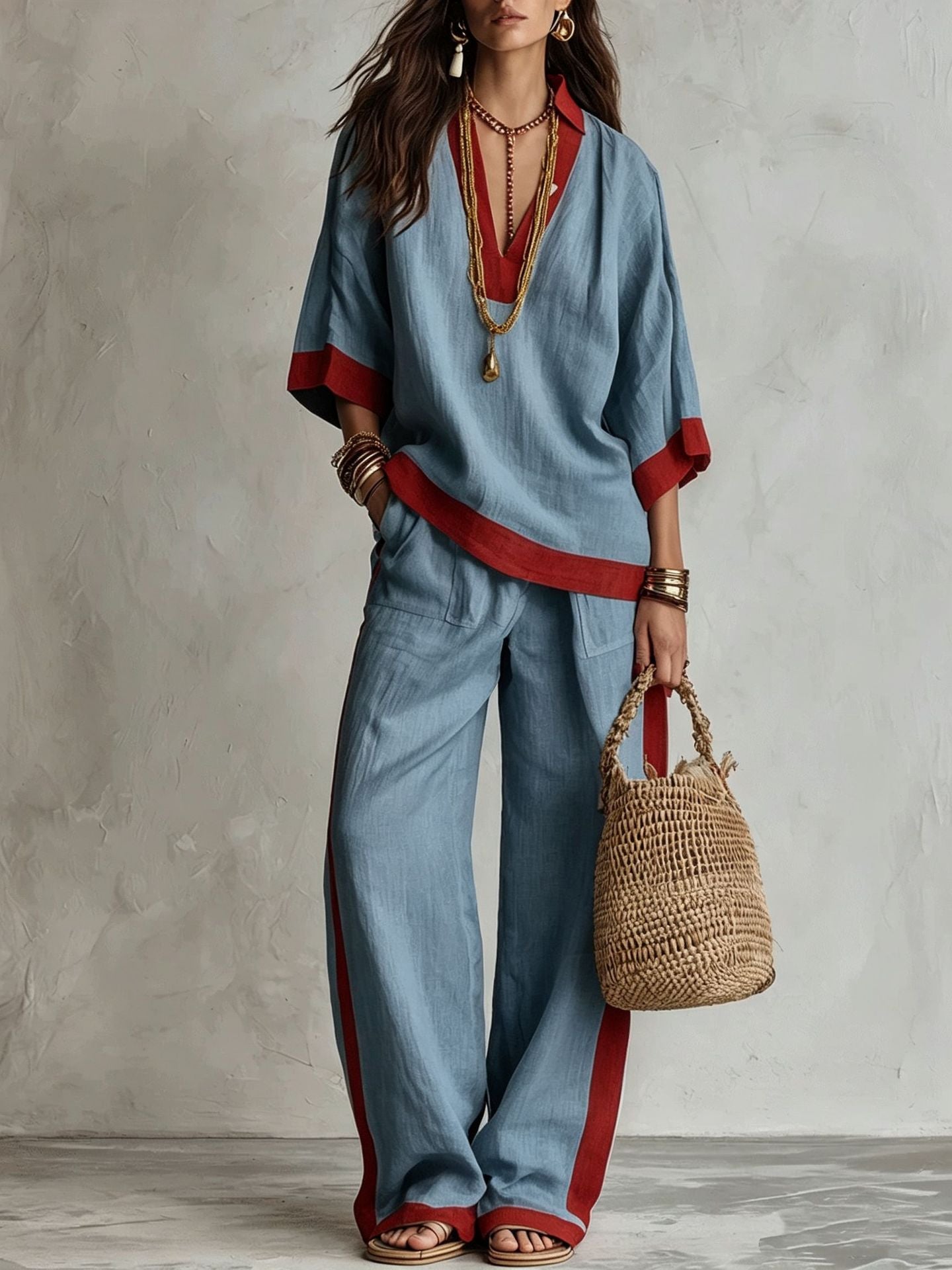 Contrast Trim Linen Two Piece Set