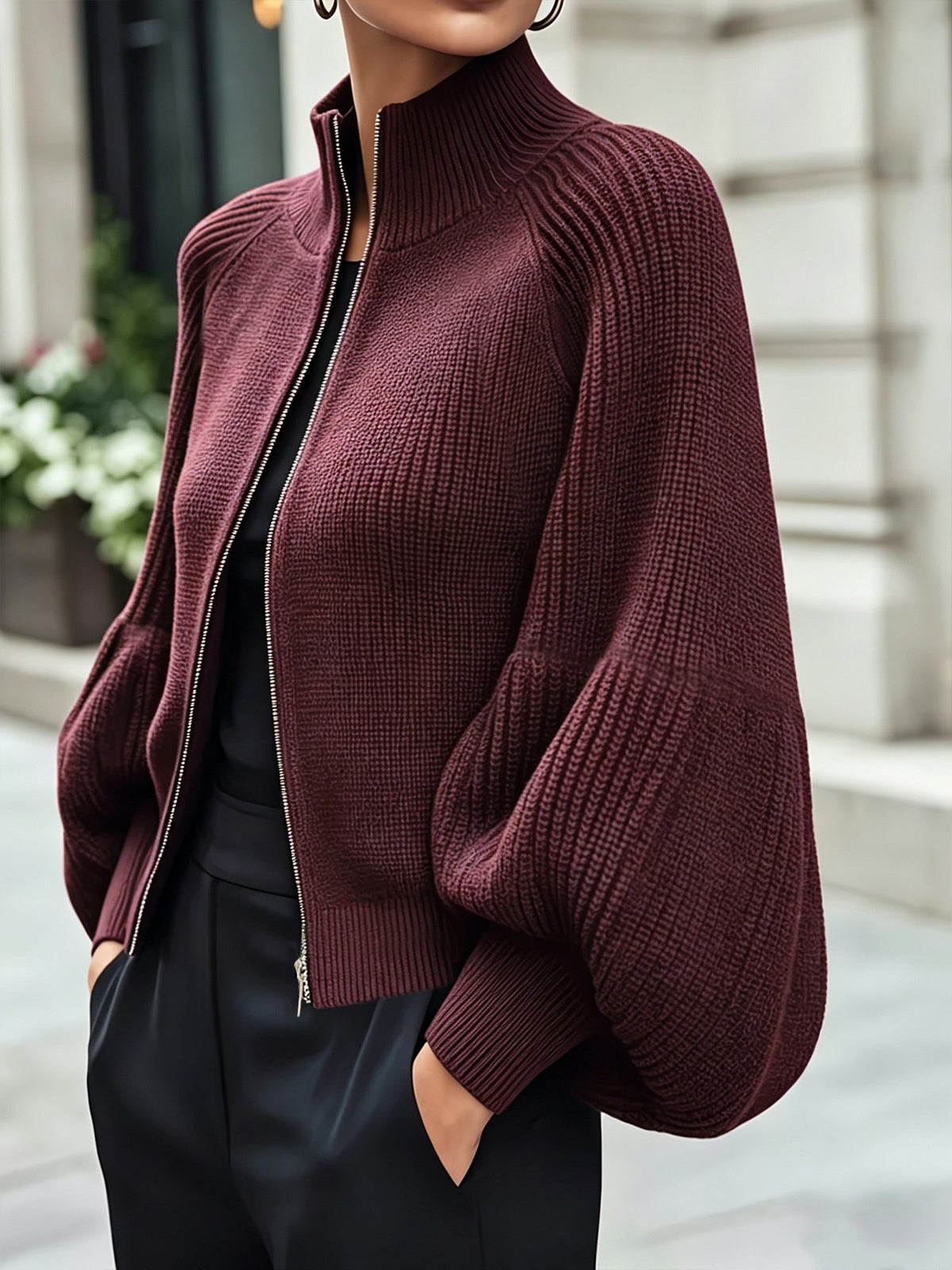 Burgundy Ribbed Knit Zip‑Up Balloon Sleeve Cropped Cardigan