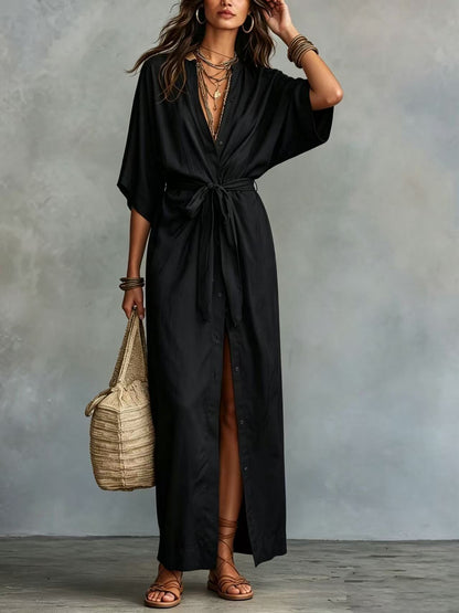 Tie Waist Split Maxi Shirt Dress