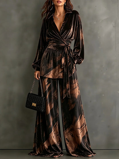 Velvet Wrap Blouse & Wide-Leg Pant Set – Printed Two-Piece