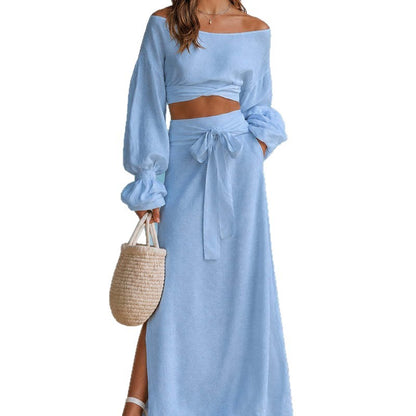 Linen‑Blend Off‑Shoulder Crop Top & Tie‑Waist Slit Maxi Skirt Two‑Piece Set
