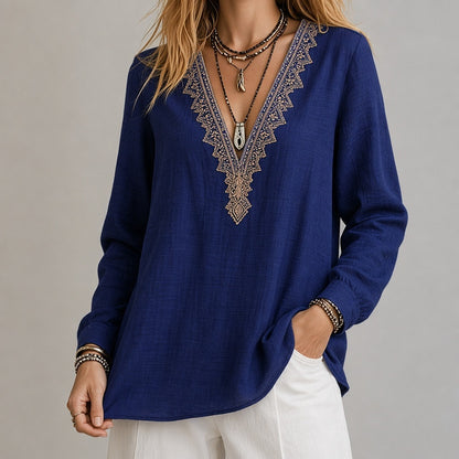 Embroidered V-Neck Blouse – Soft Textured Long Sleeve Top