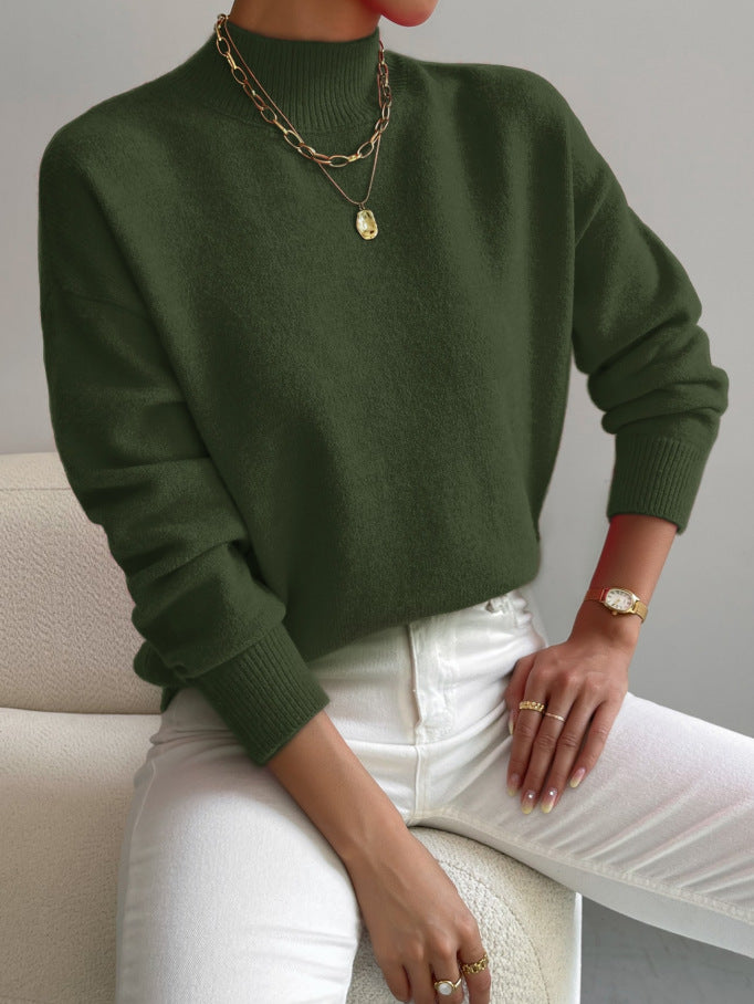 Women's Solid Mock Neck Long Sleeve Knit Sweater