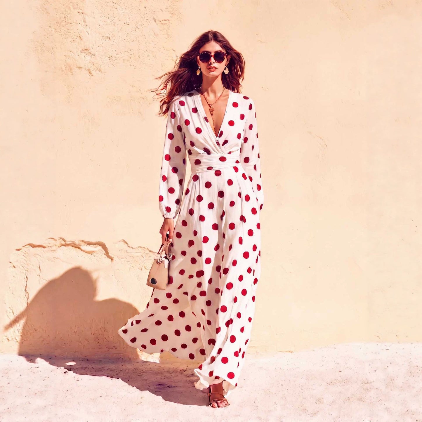 Polka Dot Wrap V-Neck Long Sleeve Maxi Dress