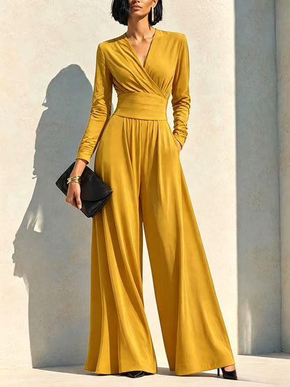 Elegant Chocolate Brown Long Sleeve Wrap Wide Leg Jumpsuit with Waist Detail