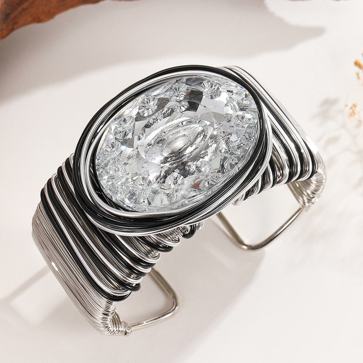 Large Wire Wrapped Crystal Bracelet Bangle with Aluminum Wire for Women Career Functions - Sliver