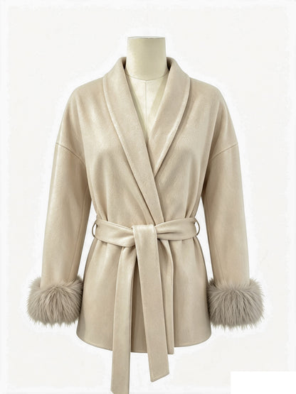 Cozy Belted Wrap Coat with Plush Fur Cuffs