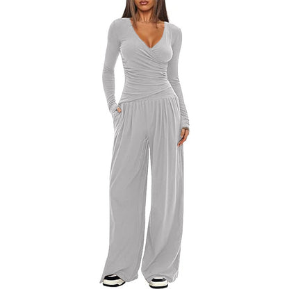 Women Solid Wrap V Neck Ruched Long Sleeve Top Elastic High Waist Pocket Wide Leg Casual Loungewear Co-ord Set