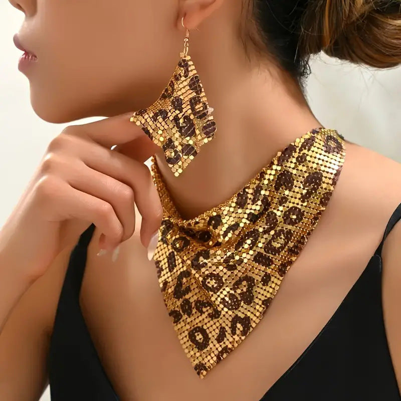 Necklace Jewelry Set Leopard Print Gold Plated Statement Earrings