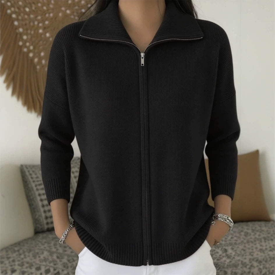 Full Zip Ribbed Knit Collared Cardigan