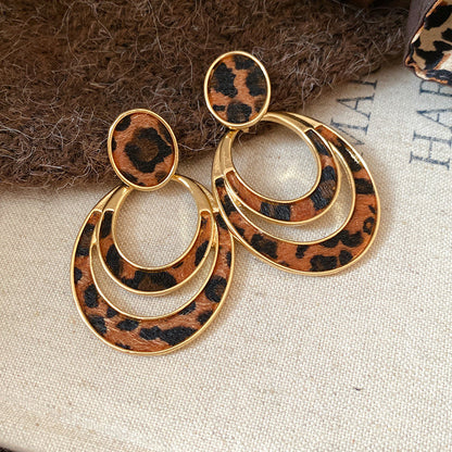 Layered Crescent Leopard Print Dangle Earrings Vintage 14K Gold Plated Animal Pattern Statement Drop Earrings - Silver
