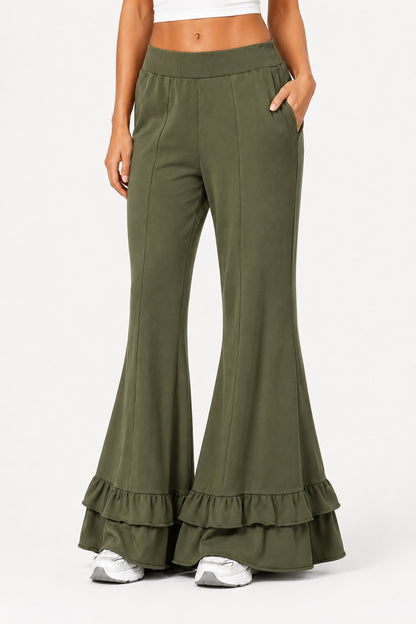 High Waist Front Seam Double Ruffle Hem Flare Knit Pants