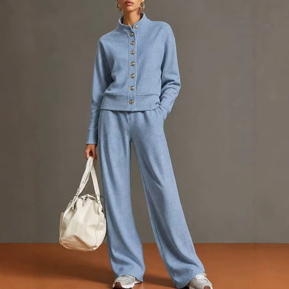 New Solid Color Stand-Up Collar Cardigan Sweatshirt Wide-Leg Pants Suit Independent Station Popular Women