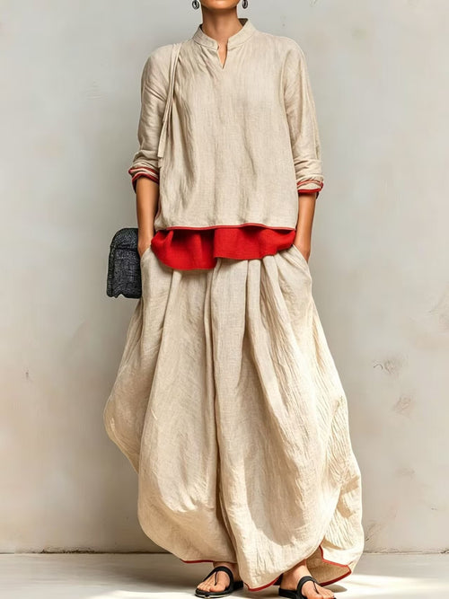 Women's Linen Two Piece Set Stand Collar Long Sleeve Top & Wide Leg Maxi Pants